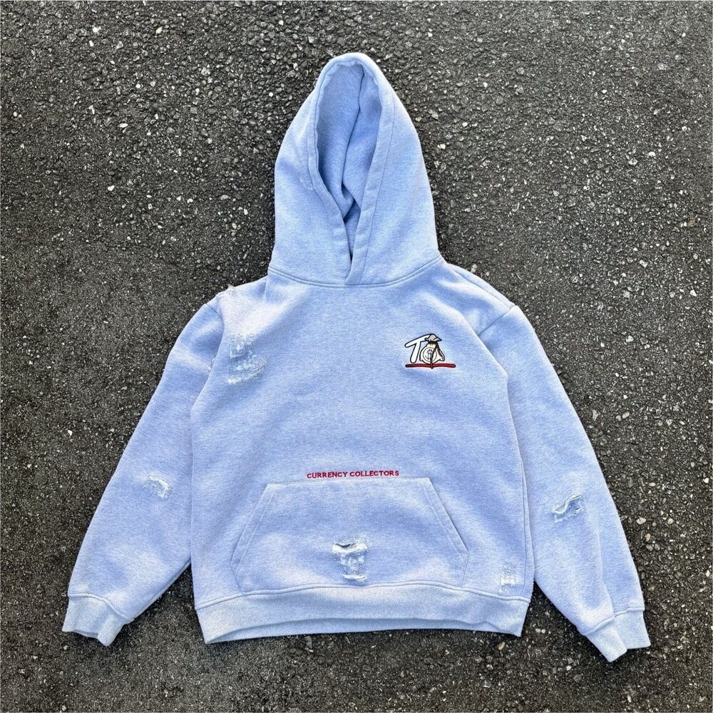 Y2K TULONES Hoodie Light Blue S Regular Hooded Distressed Graphic Fleece
